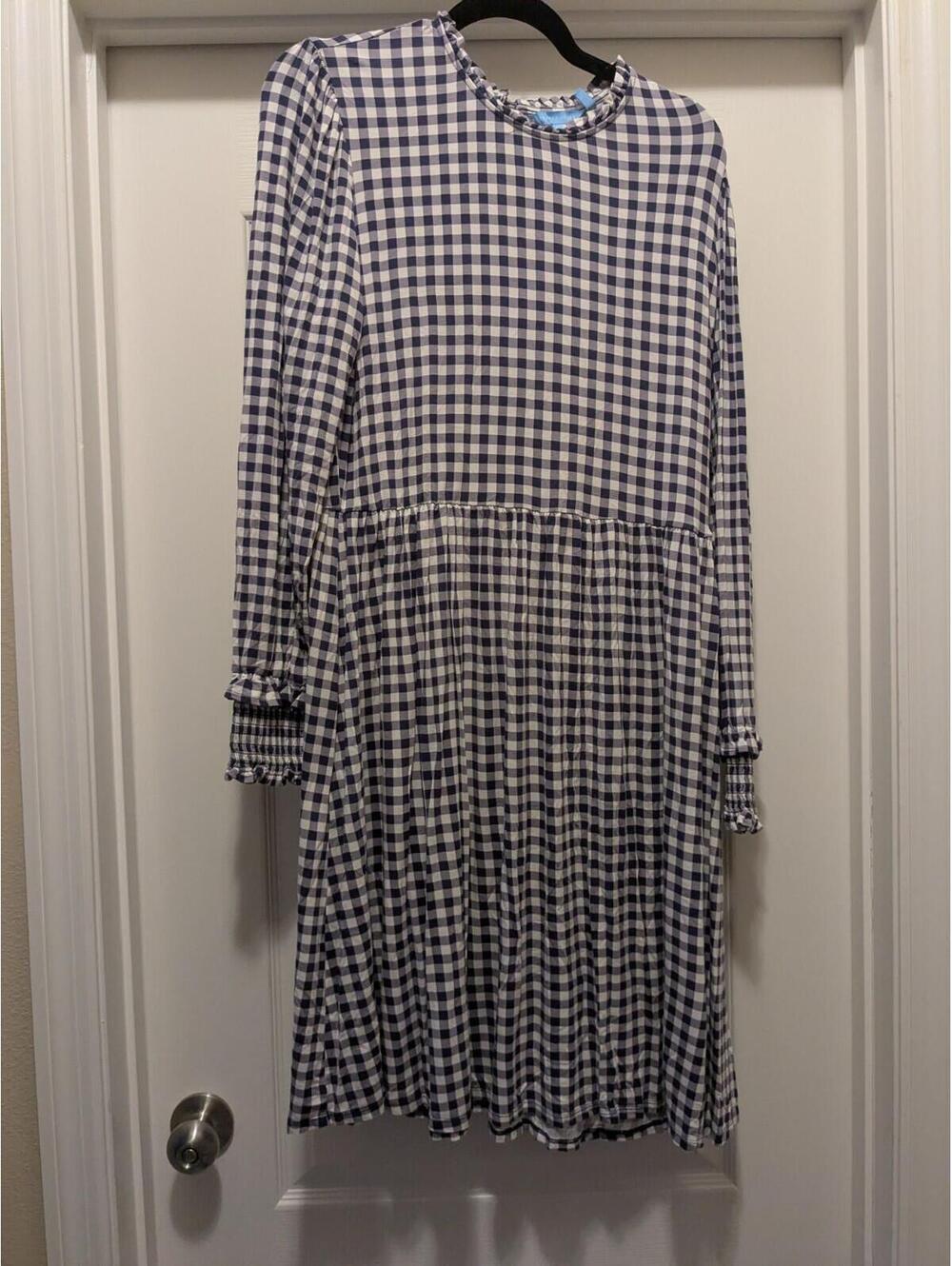Draper James Kitty Dress Womens XL Blue White Gingham A-Line Pleated Feminine